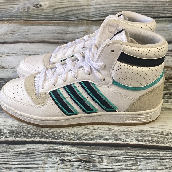 Adidas Junior Top Ten RB J White High-Top Sneakers w/Blue & Green Stripes Sz 6.5 - Picture 1 of 10